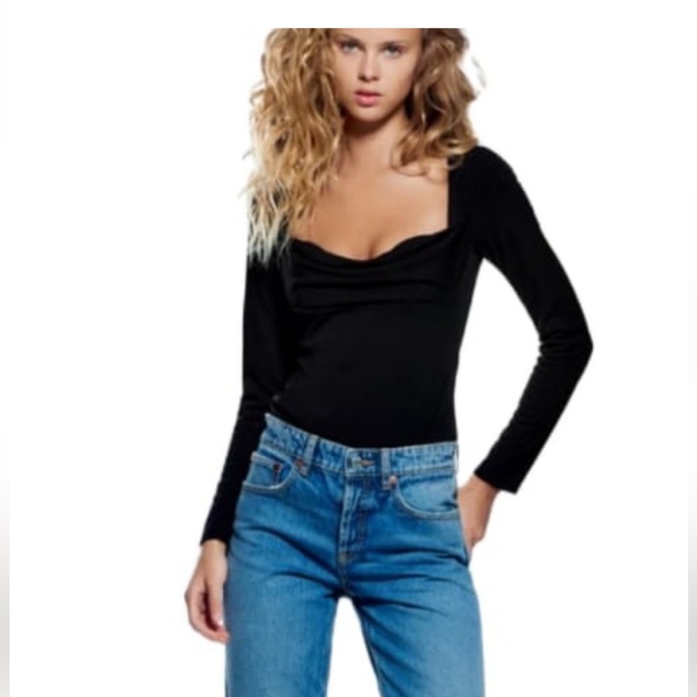 NWT Zara long sleeve black draped bodysuit #2472/636/800